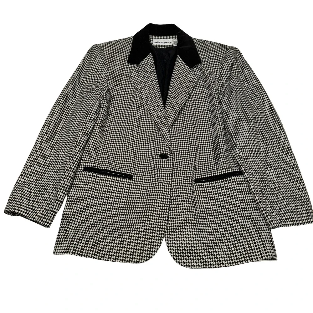 Y2K Parsons Place Vtg Houndstooth Blazer Black White Velvet Collar Wool Blend 12 - Picture 1 of 5